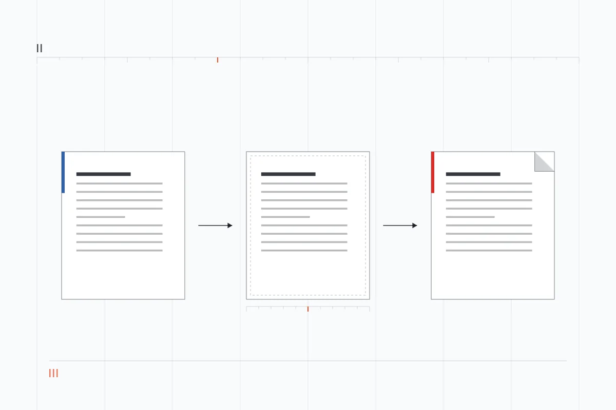 Document rendering pipeline Three-stage diagram of the converter reading a DOCX file, laying out its pages and writing a PDF.